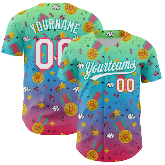Custom Pea Green Neon Pink Aqua-Sky Blue 3D Pattern Design Champion Medal Authentic Baseball Jersey - Main View