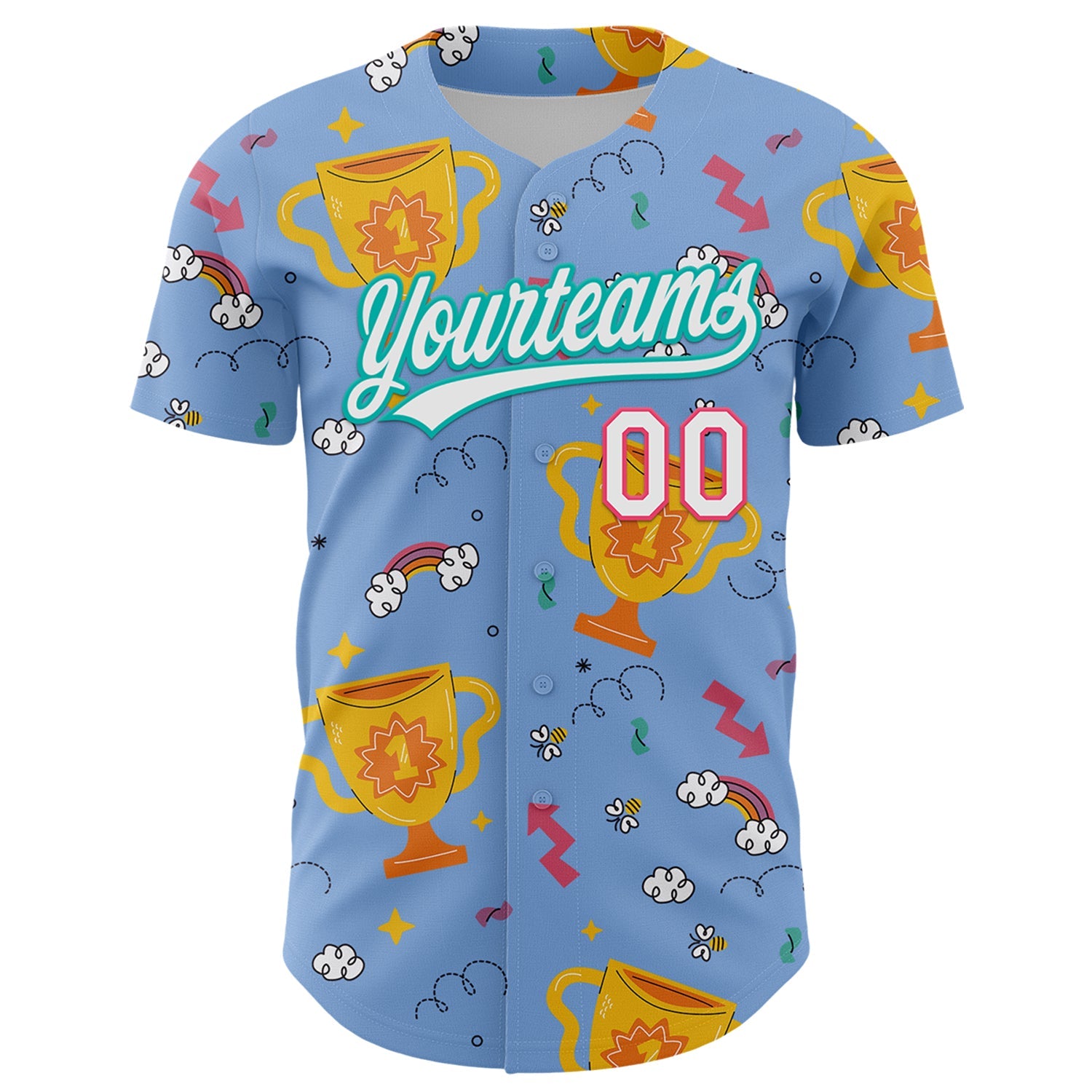 Custom Light Blue Neon Pink-Aqua 3D Pattern Design Champion Trophy Authentic Baseball Jersey view 2
