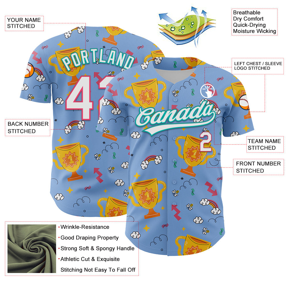 Custom Light Blue Neon Pink-Aqua 3D Pattern Design Champion Trophy Authentic Baseball Jersey view 3