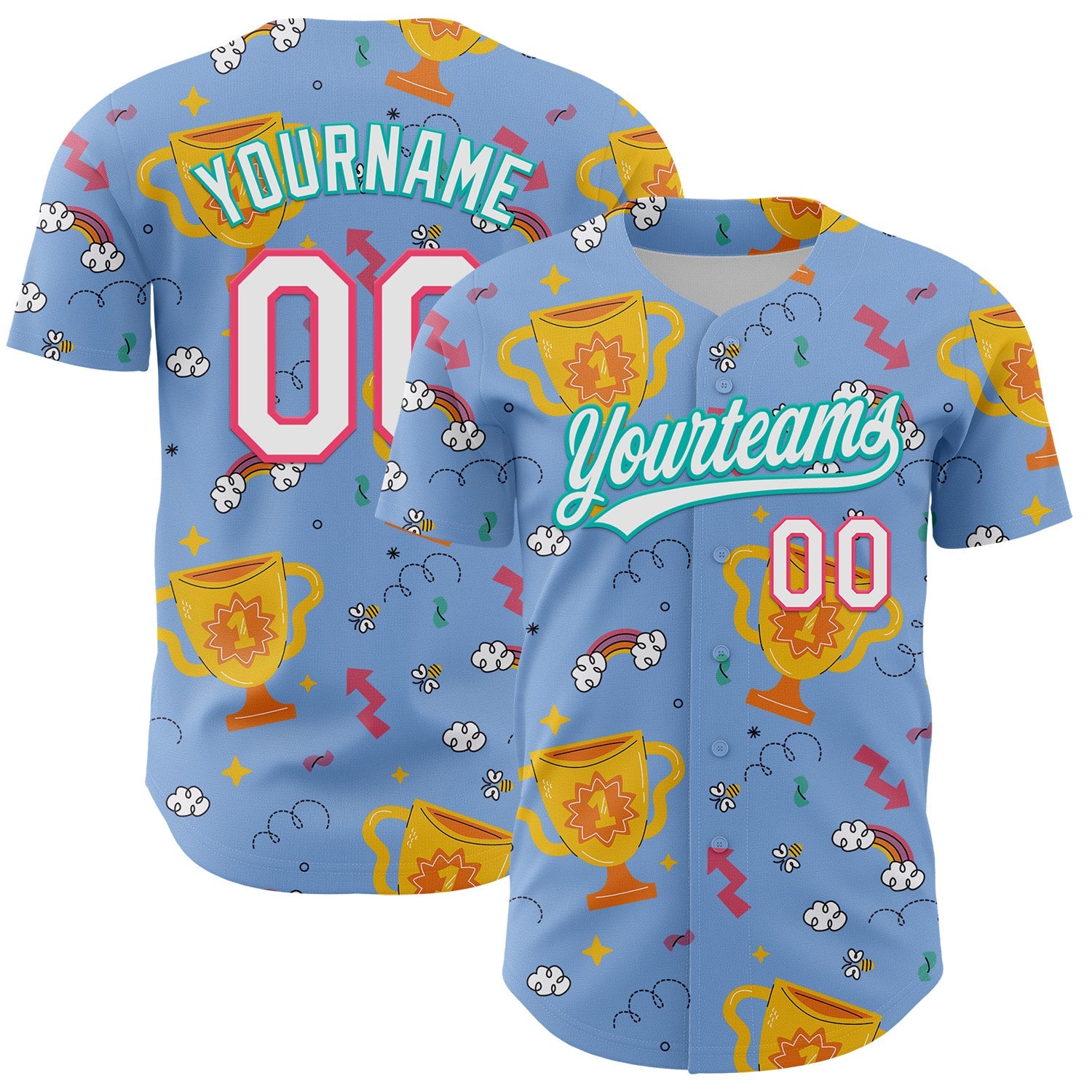 Custom Light Blue Neon Pink-Aqua 3D Pattern Design Champion Trophy Authentic Baseball Jersey - Main View