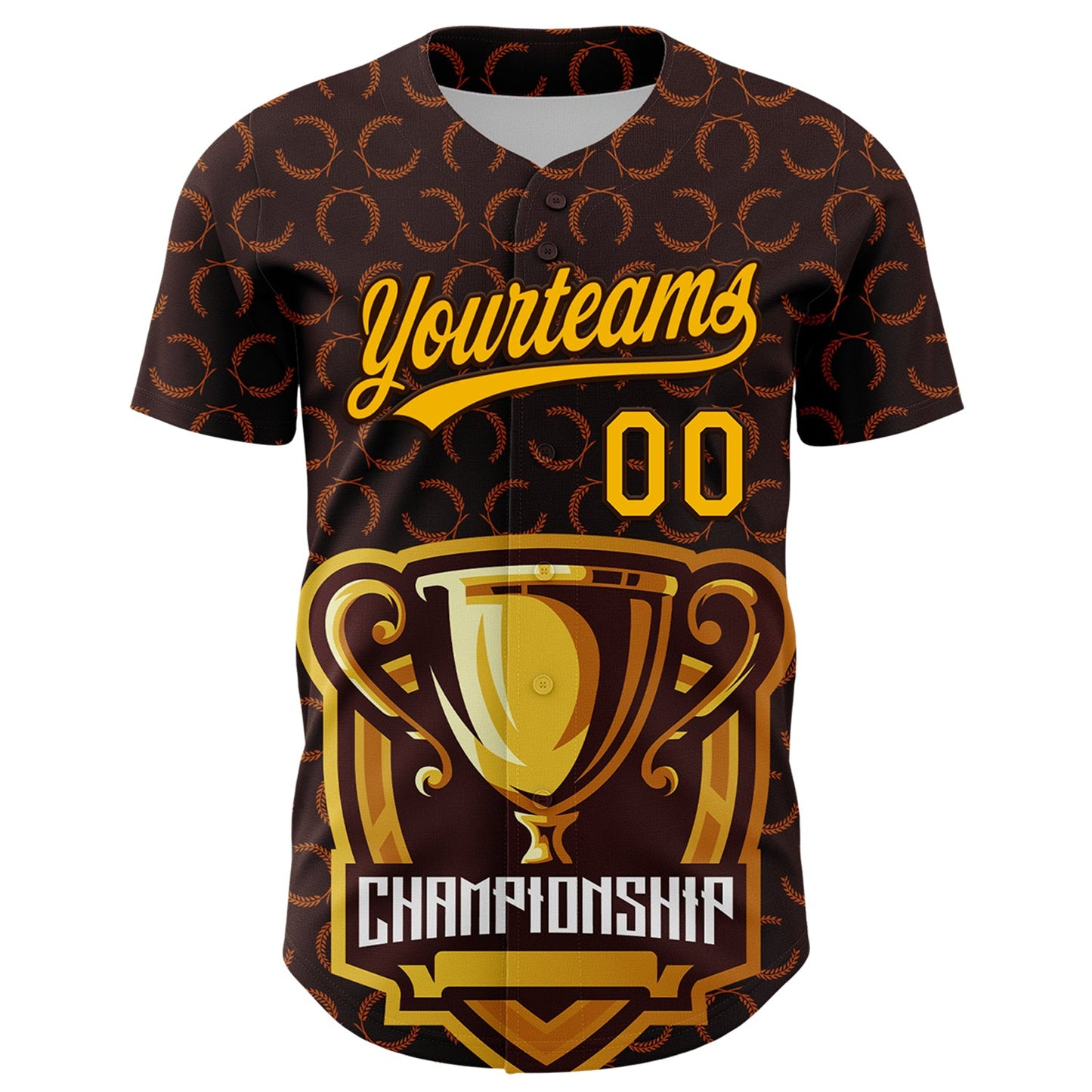 Custom Brown Gold 3D Pattern Design Champion Trophy Authentic Baseball Jersey view 2