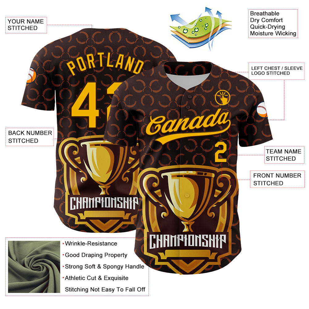 Custom Brown Gold 3D Pattern Design Champion Trophy Authentic Baseball Jersey view 3