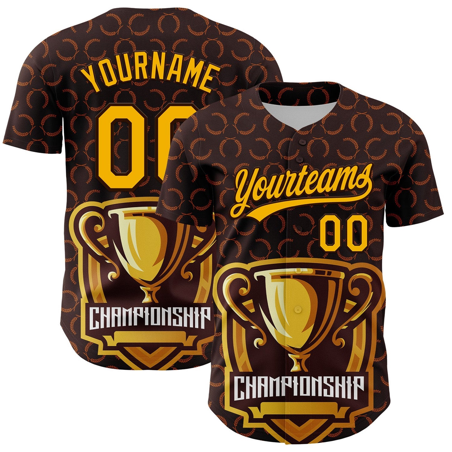 Custom Brown Gold 3D Pattern Design Champion Trophy Authentic Baseball Jersey - Main View