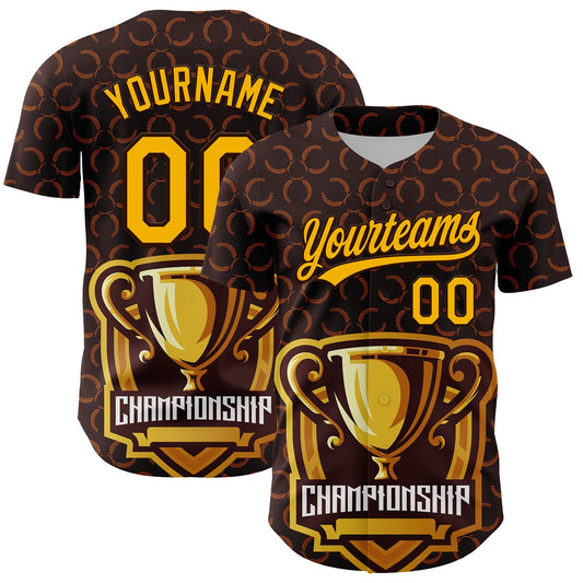 Custom Brown Gold 3D Pattern Design Champion Trophy Authentic Baseball Jersey - Main View