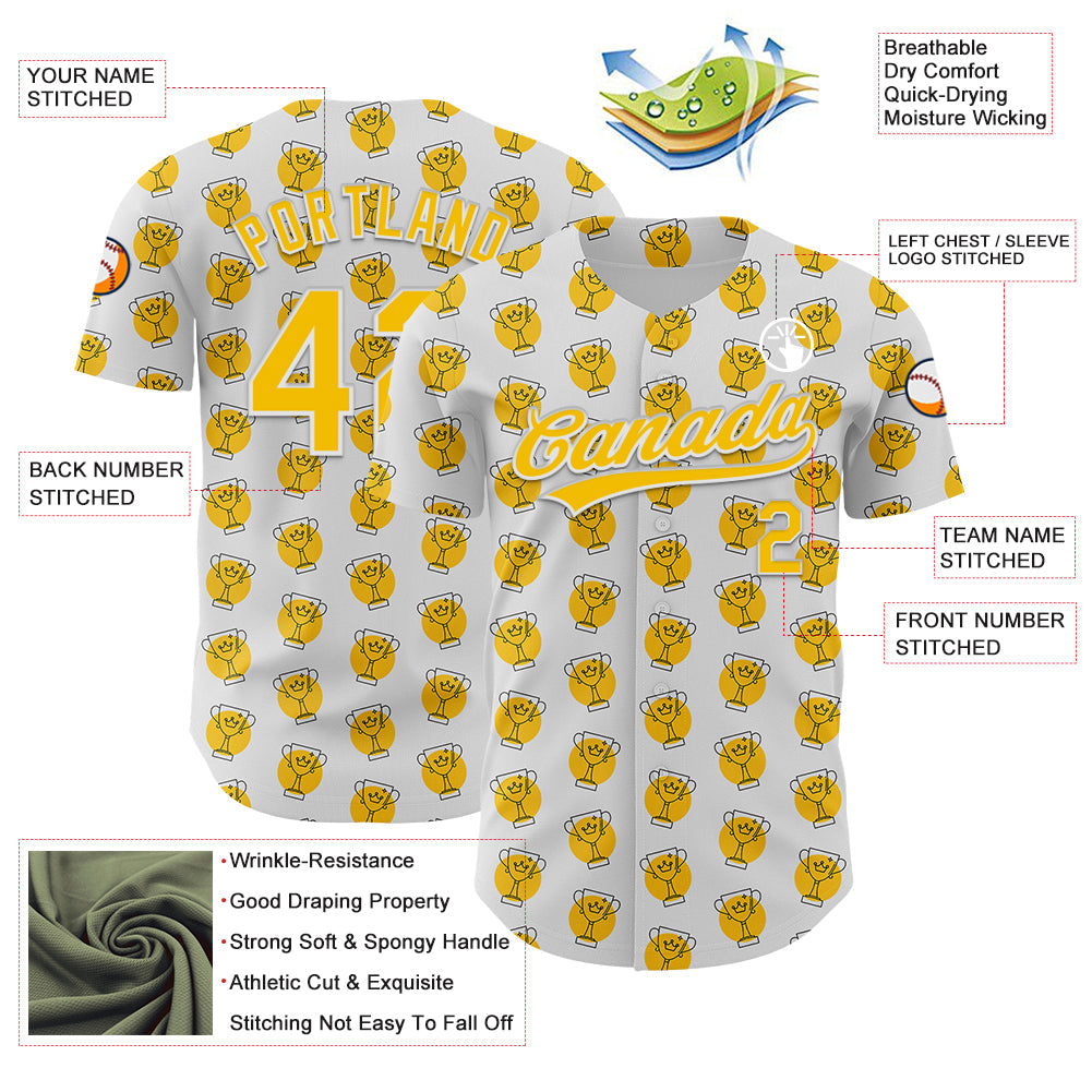 Custom White Yellow 3D Pattern Design Champion Trophy Authentic Baseball Jersey view 3