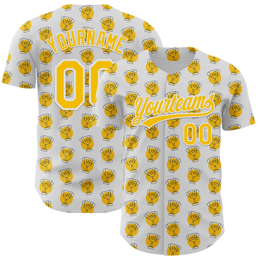 Custom White Yellow 3D Pattern Design Champion Trophy Authentic Baseball Jersey - Main View