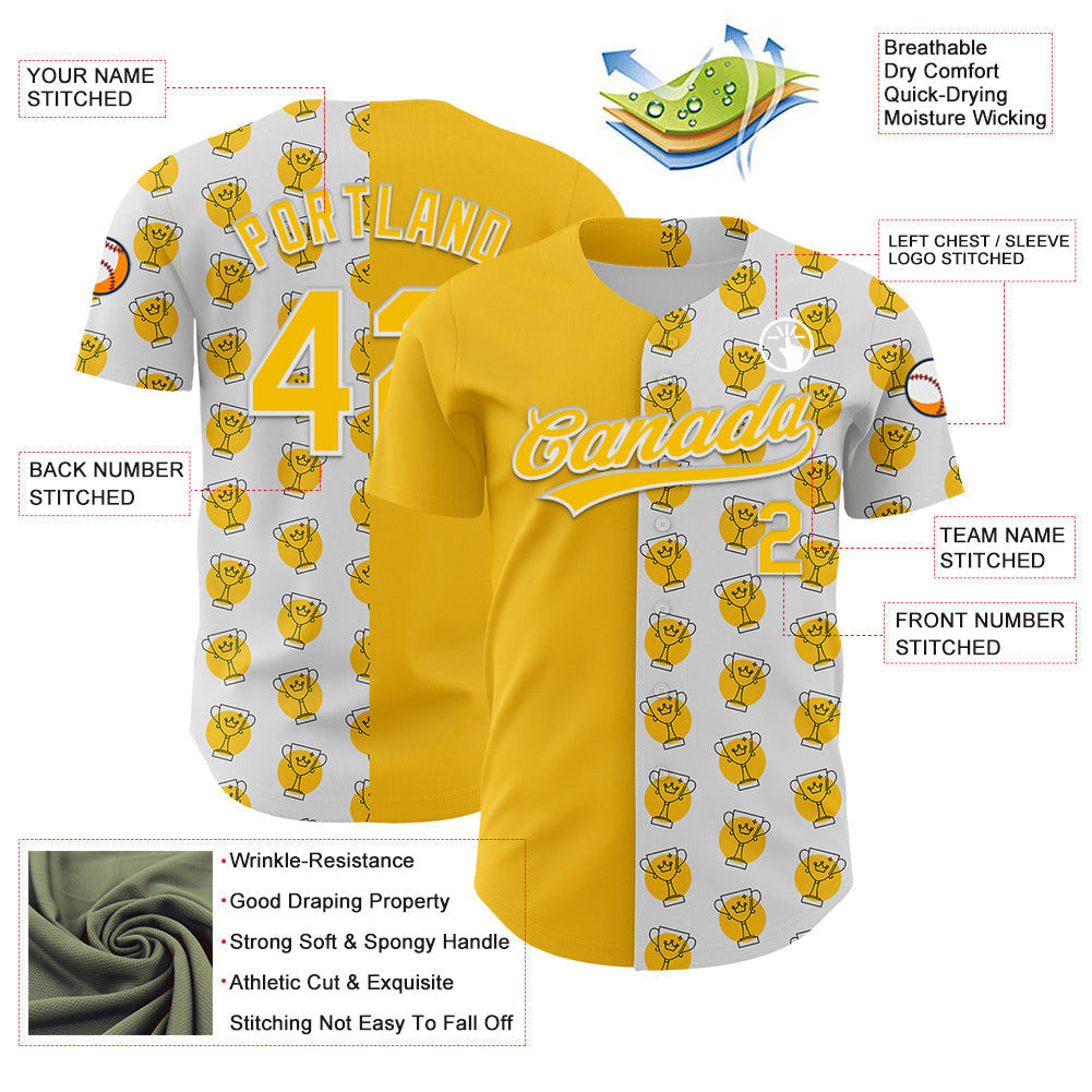 Custom White Yellow 3D Pattern Design Champion Trophy Authentic Baseball Jersey view 3