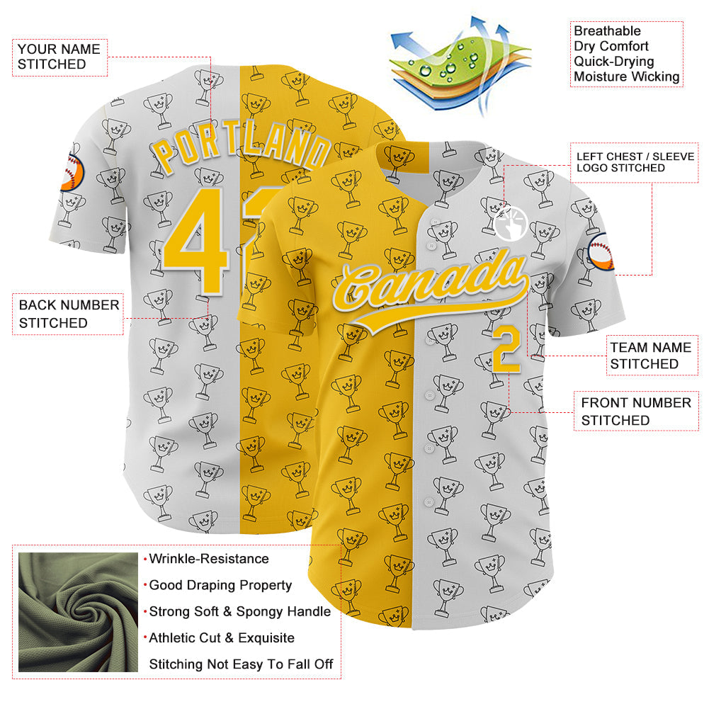 Custom White Yellow 3D Pattern Design Champion Trophy Authentic Baseball Jersey view 3