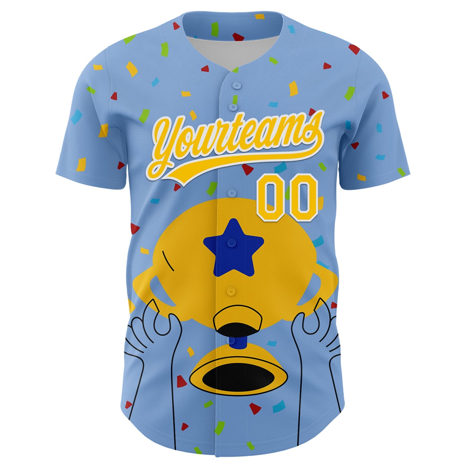 Custom Light Blue Yellow-White 3D Pattern Design Champion Trophy Authentic Baseball Jersey view 2