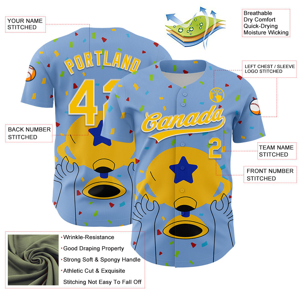 Custom Light Blue Yellow-White 3D Pattern Design Champion Trophy Authentic Baseball Jersey view 3