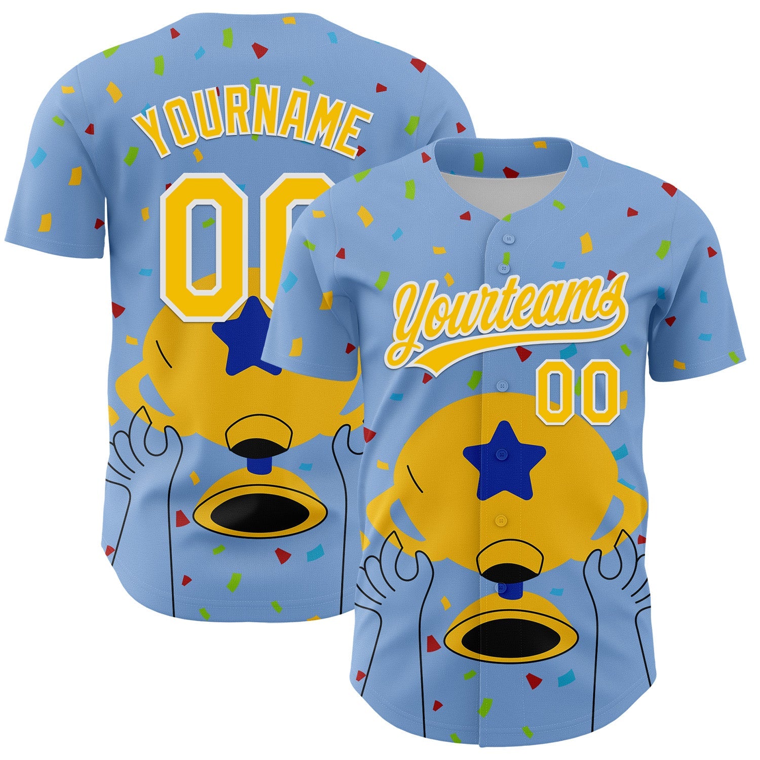 Custom Light Blue Yellow-White 3D Pattern Design Champion Trophy Authentic Baseball Jersey - Main View
