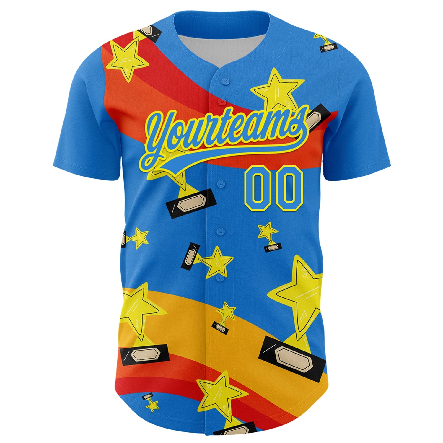 Custom Electric Blue Light Yellow 3D Pattern Design Champion Trophy Authentic Baseball Jersey view 2
