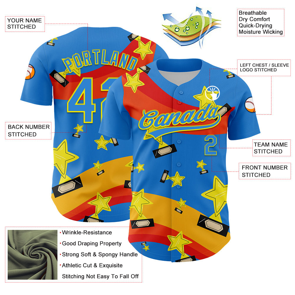 Custom Electric Blue Light Yellow 3D Pattern Design Champion Trophy Authentic Baseball Jersey view 3