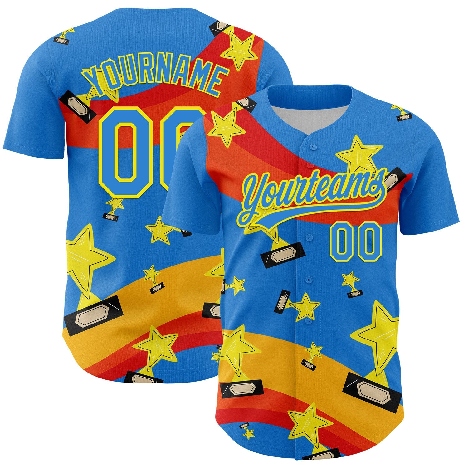 Custom Electric Blue Light Yellow 3D Pattern Design Champion Trophy Authentic Baseball Jersey - Main View