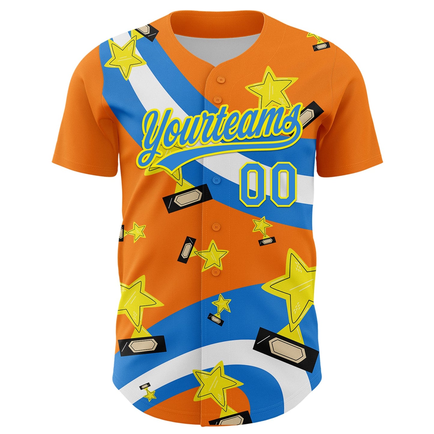 Custom Bay Orange Electric Blue-Light Yellow 3D Pattern Design Champion Trophy Authentic Baseball Jersey view 2