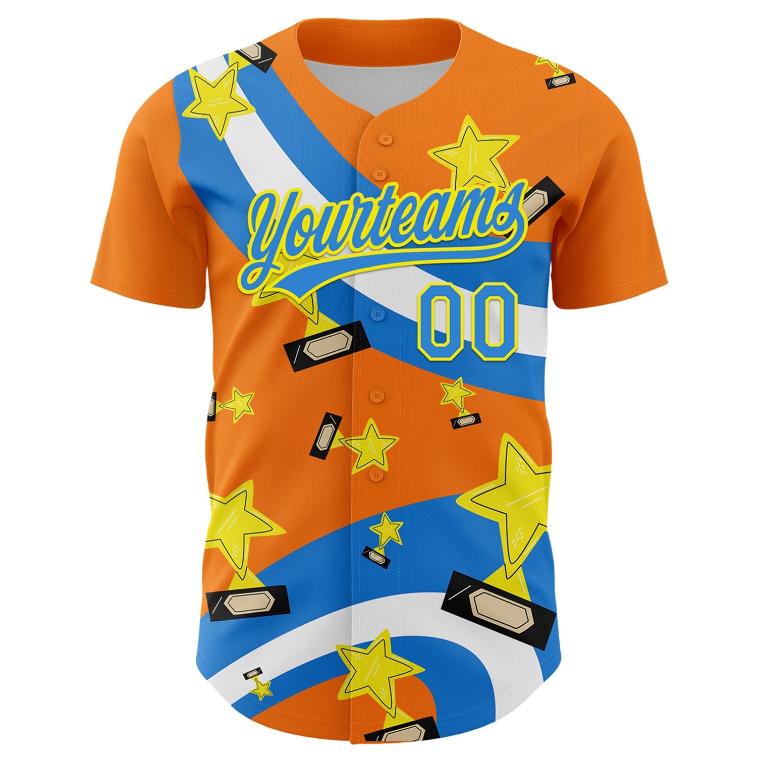 Custom Bay Orange Electric Blue-Light Yellow 3D Pattern Design Champion Trophy Authentic Baseball Jersey view 2