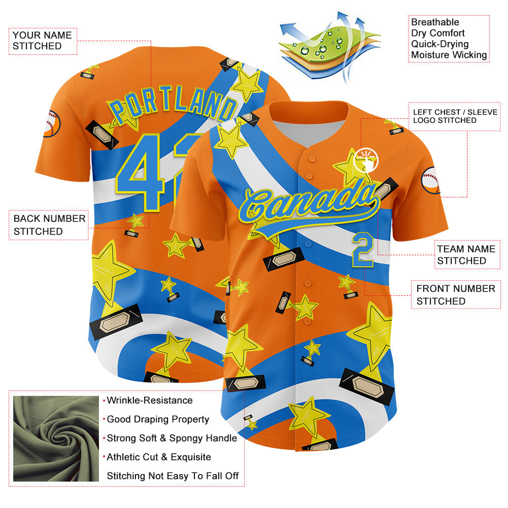 Custom Bay Orange Electric Blue-Light Yellow 3D Pattern Design Champion Trophy Authentic Baseball Jersey view 3
