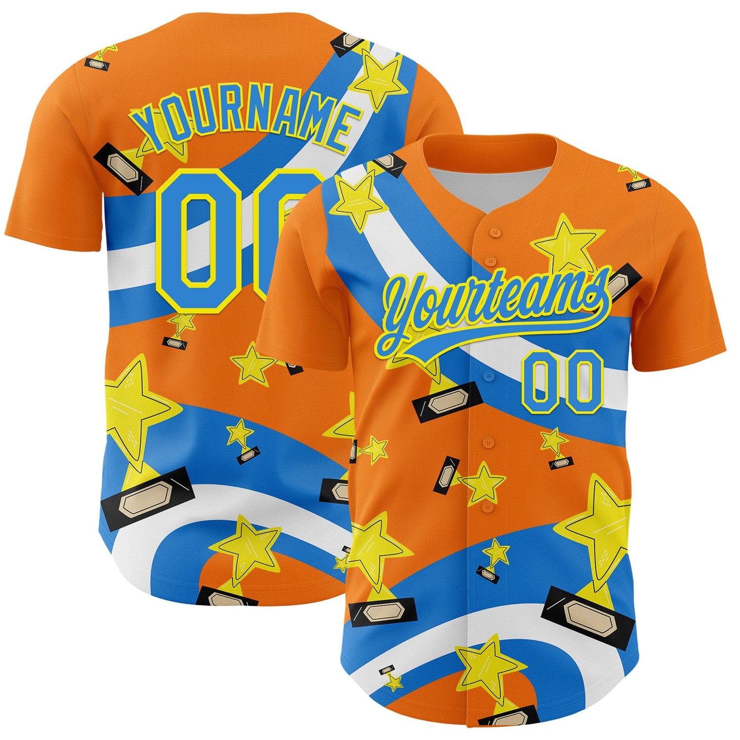 Custom Bay Orange Electric Blue-Light Yellow 3D Pattern Design Champion Trophy Authentic Baseball Jersey - Main View