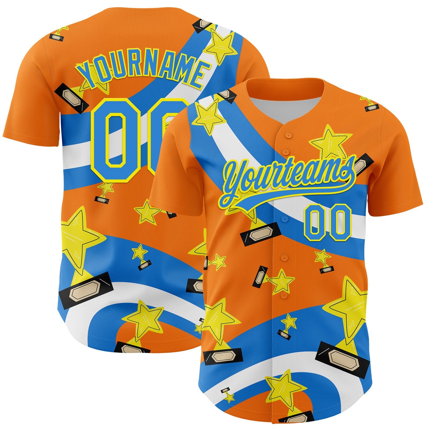Custom Bay Orange Electric Blue-Light Yellow 3D Pattern Design Champion Trophy Authentic Baseball Jersey - Main View