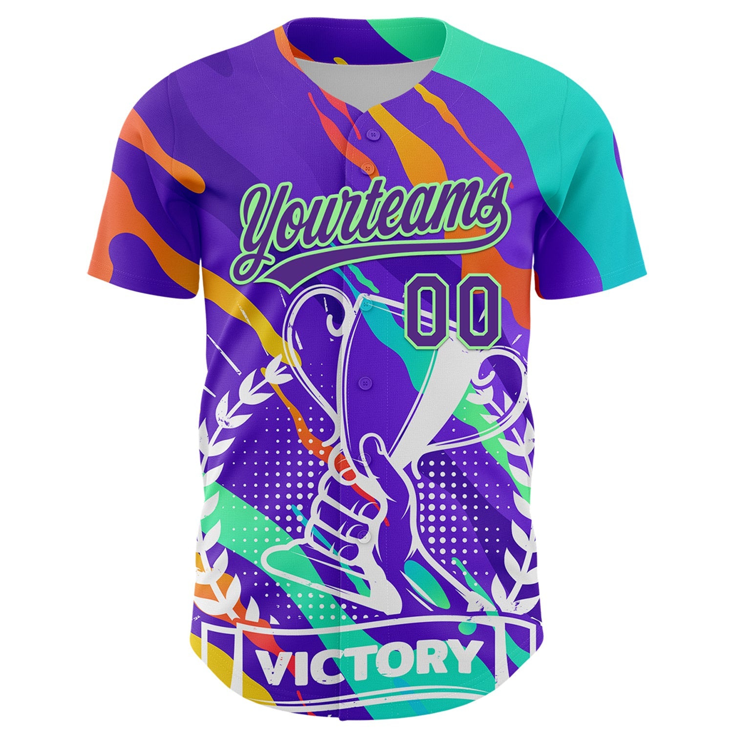 Custom Purple Pea Green 3D Pattern Design Champion Trophy Authentic Baseball Jersey view 2
