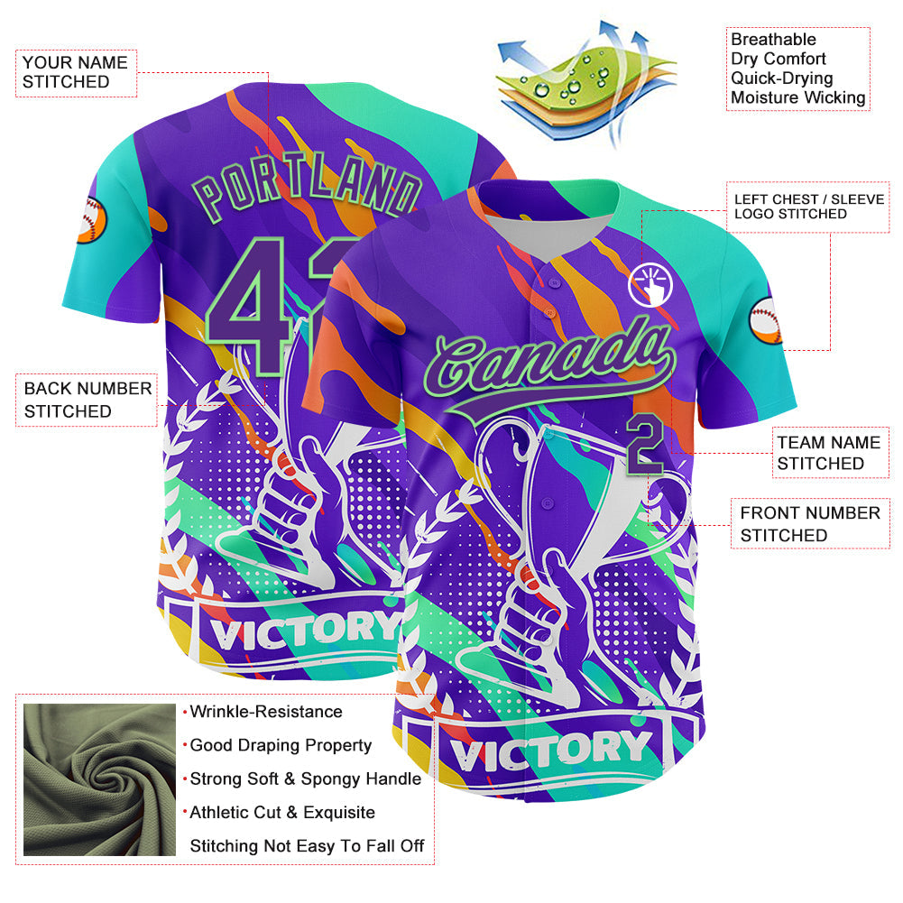 Custom Purple Pea Green 3D Pattern Design Champion Trophy Authentic Baseball Jersey view 3