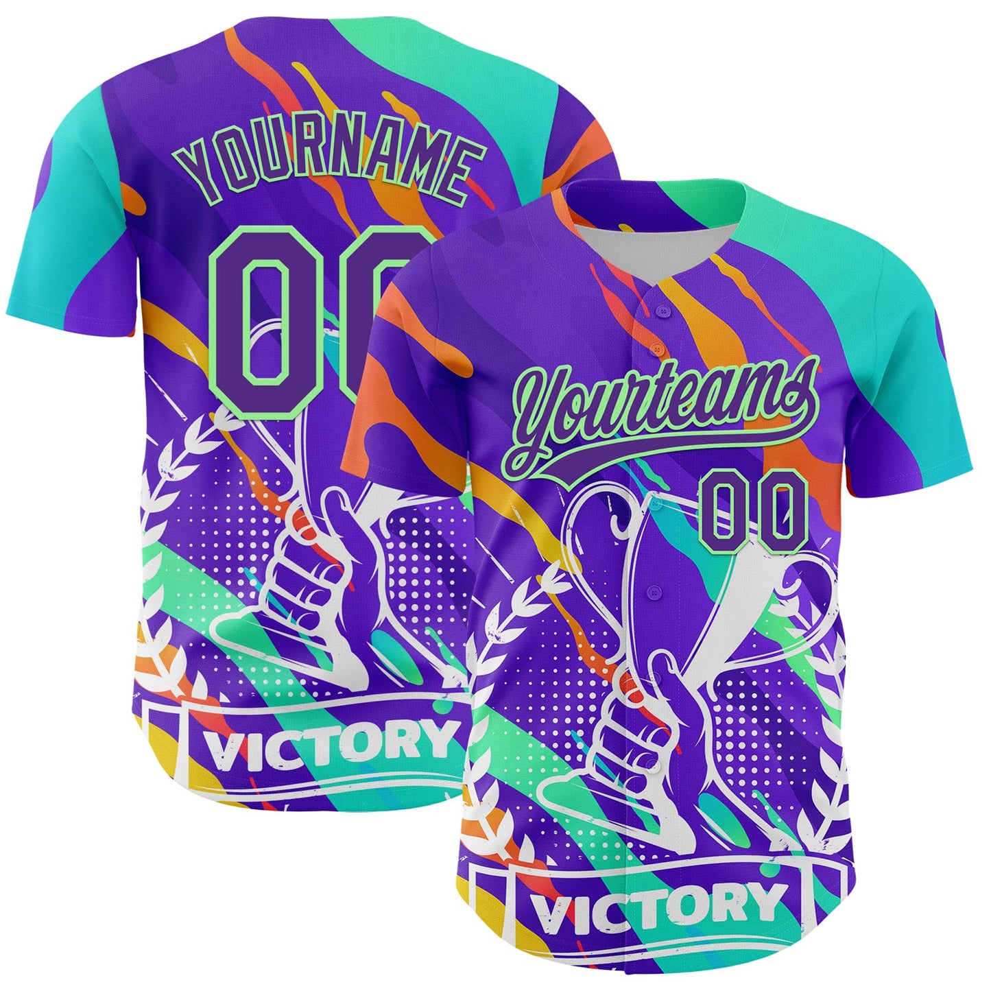Custom Purple Pea Green 3D Pattern Design Champion Trophy Authentic Baseball Jersey - Main View