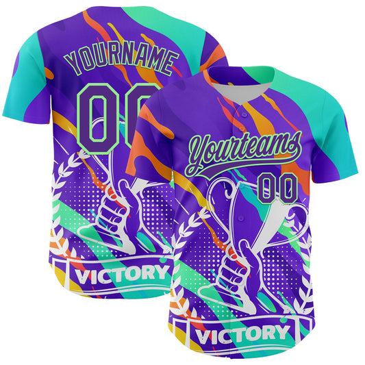 Custom Purple Pea Green 3D Pattern Design Champion Trophy Authentic Baseball Jersey - Main View