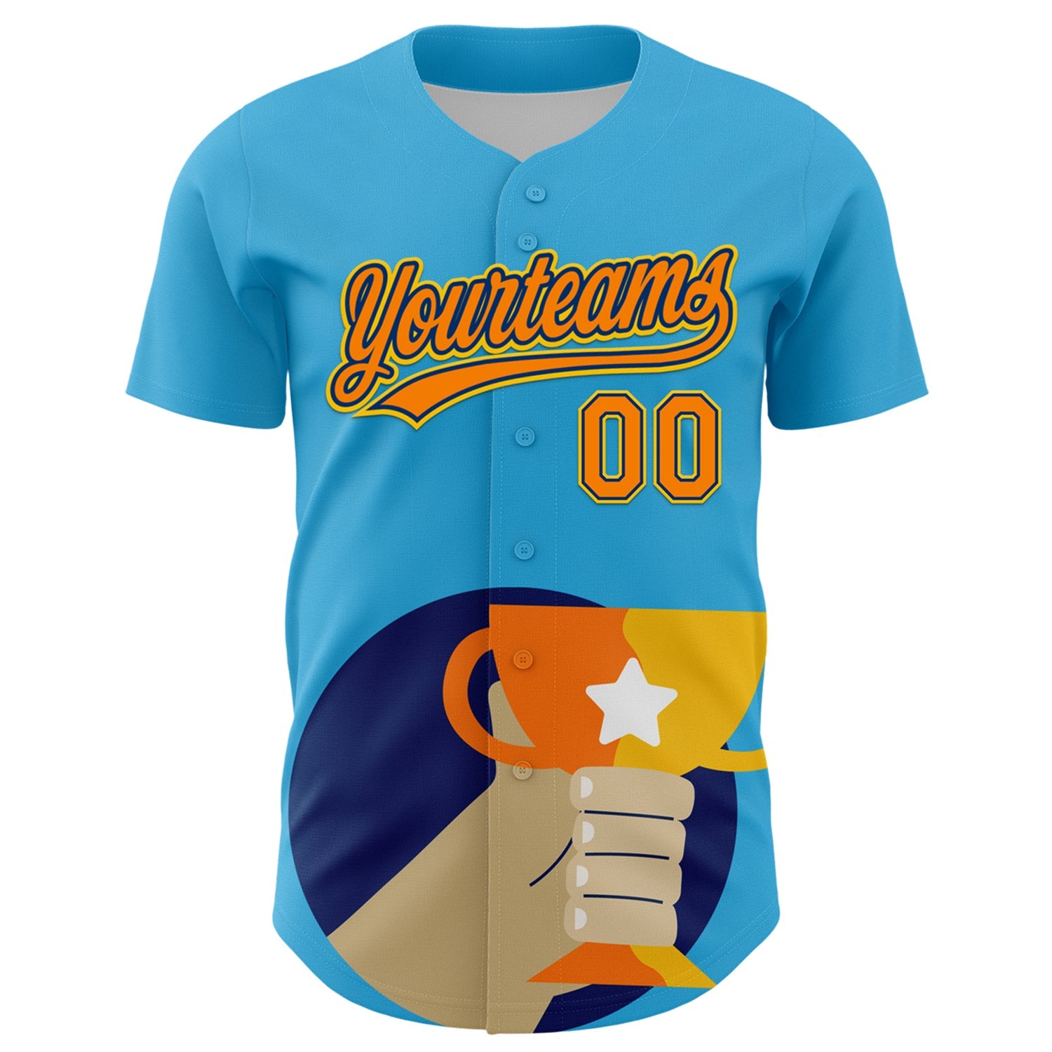 Custom Sky Blue Bay Orange US Navy Blue-Yellow 3D Pattern Design Champion Trophy Authentic Baseball Jersey view 2
