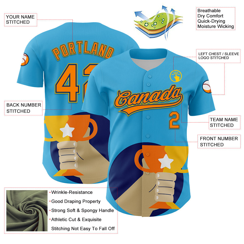Custom Sky Blue Bay Orange US Navy Blue-Yellow 3D Pattern Design Champion Trophy Authentic Baseball Jersey view 3