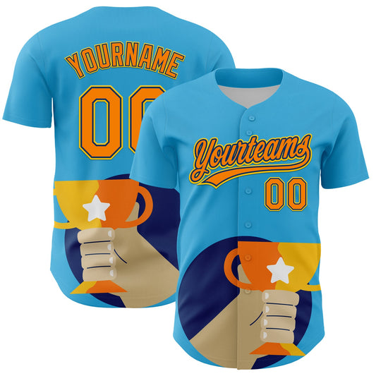 Custom Sky Blue Bay Orange US Navy Blue-Yellow 3D Pattern Design Champion Trophy Authentic Baseball Jersey - Main View