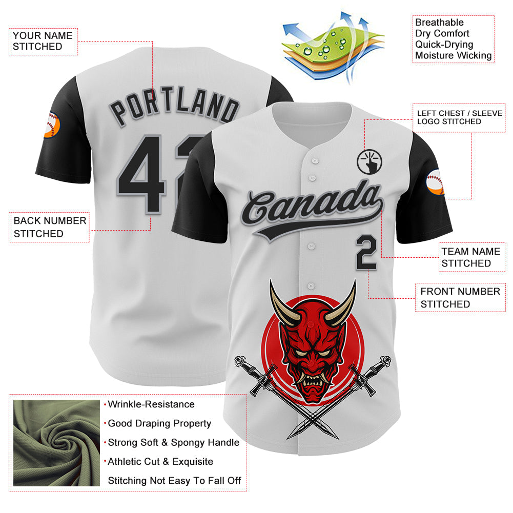 Custom White Black-Gray 3D Pattern Halloween Skull Authentic Baseball Jersey view 3