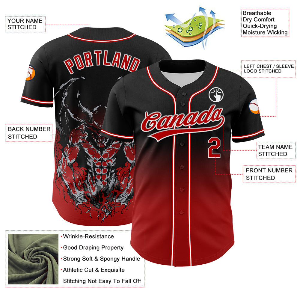 Custom Black Red-White 3D Pattern Halloween Skull Authentic Baseball Jersey view 3