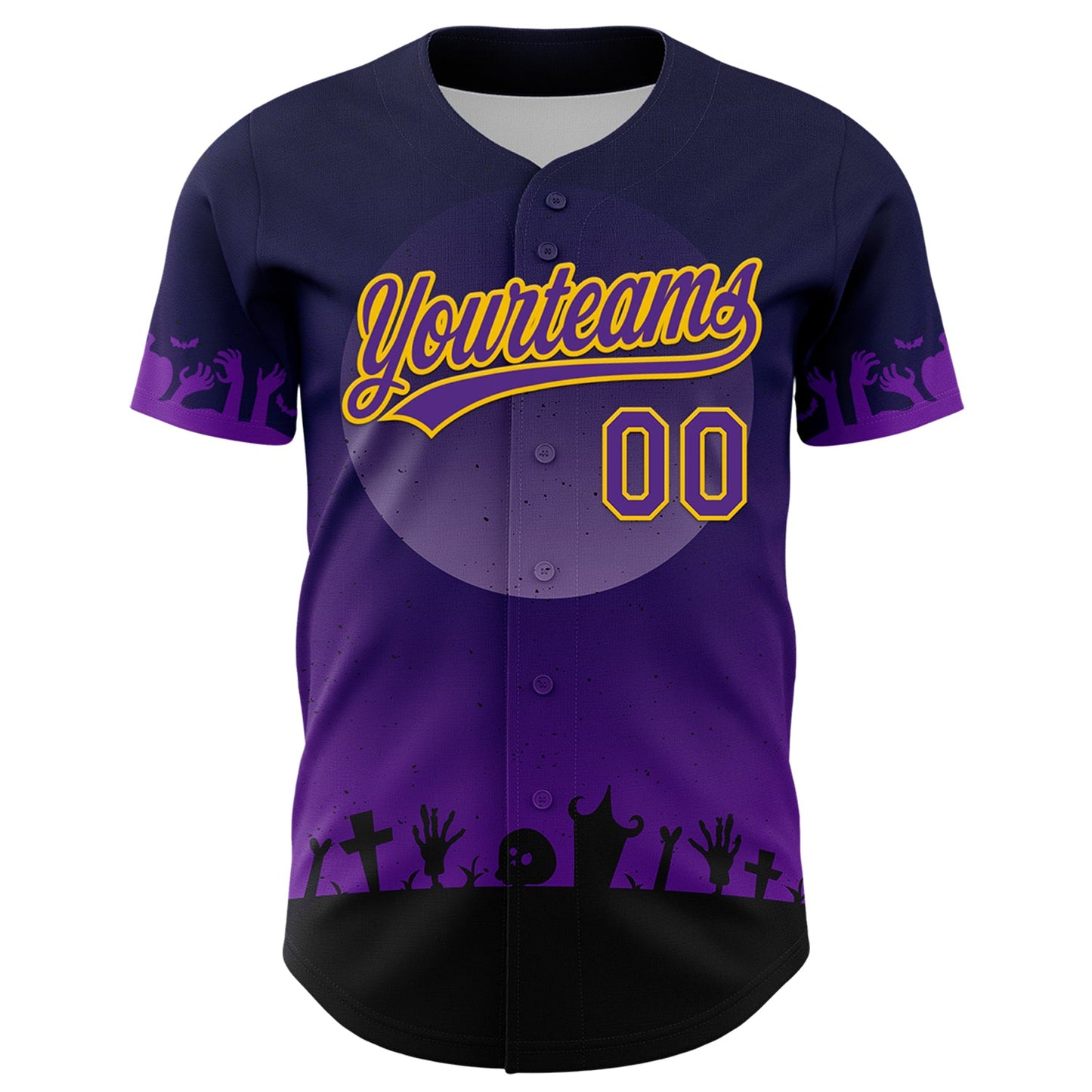 Custom Black Purple-Yellow 3D Pattern Halloween Skull Authentic Baseball Jersey view 2