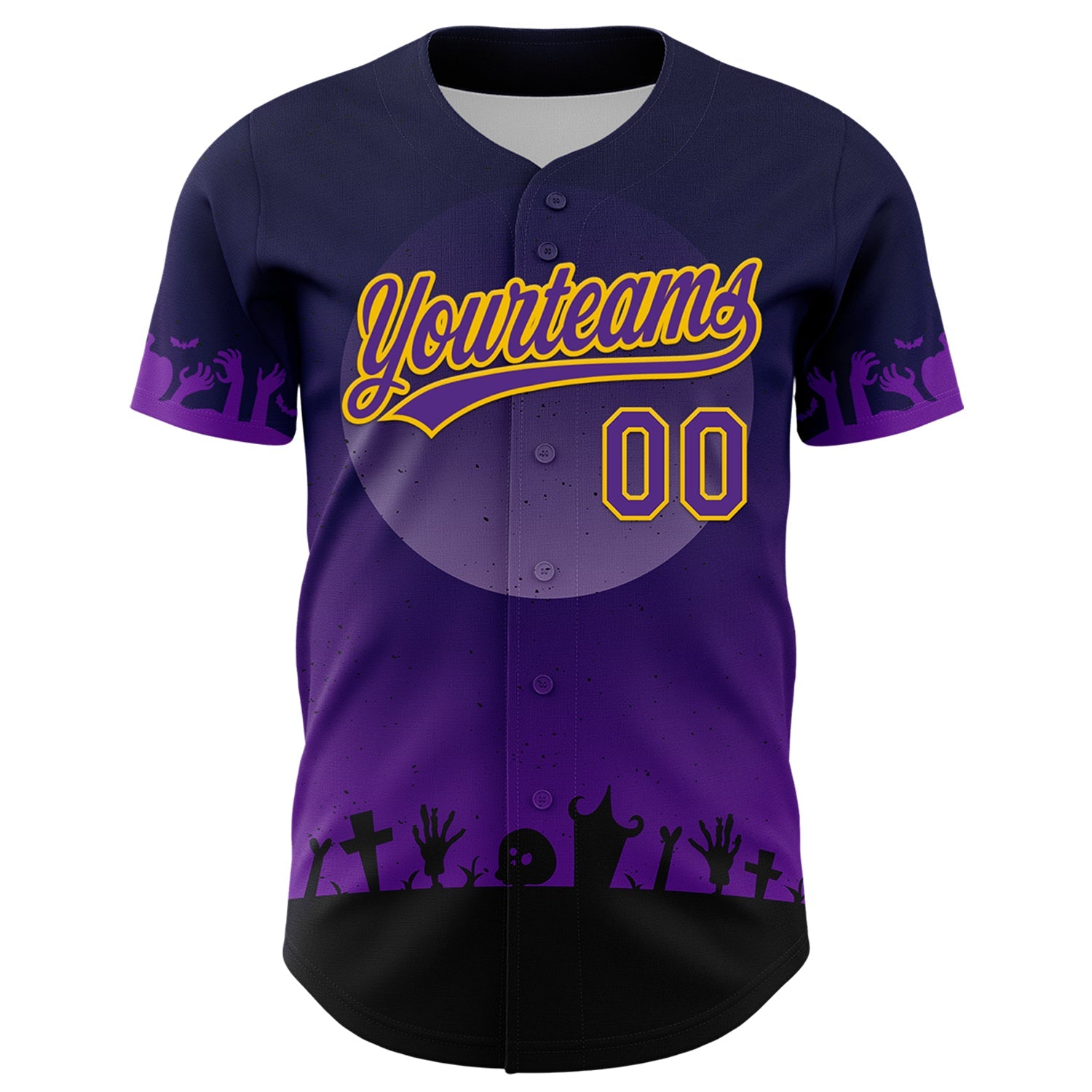 Custom Black Purple-Yellow 3D Pattern Halloween Skull Authentic Baseball Jersey view 2