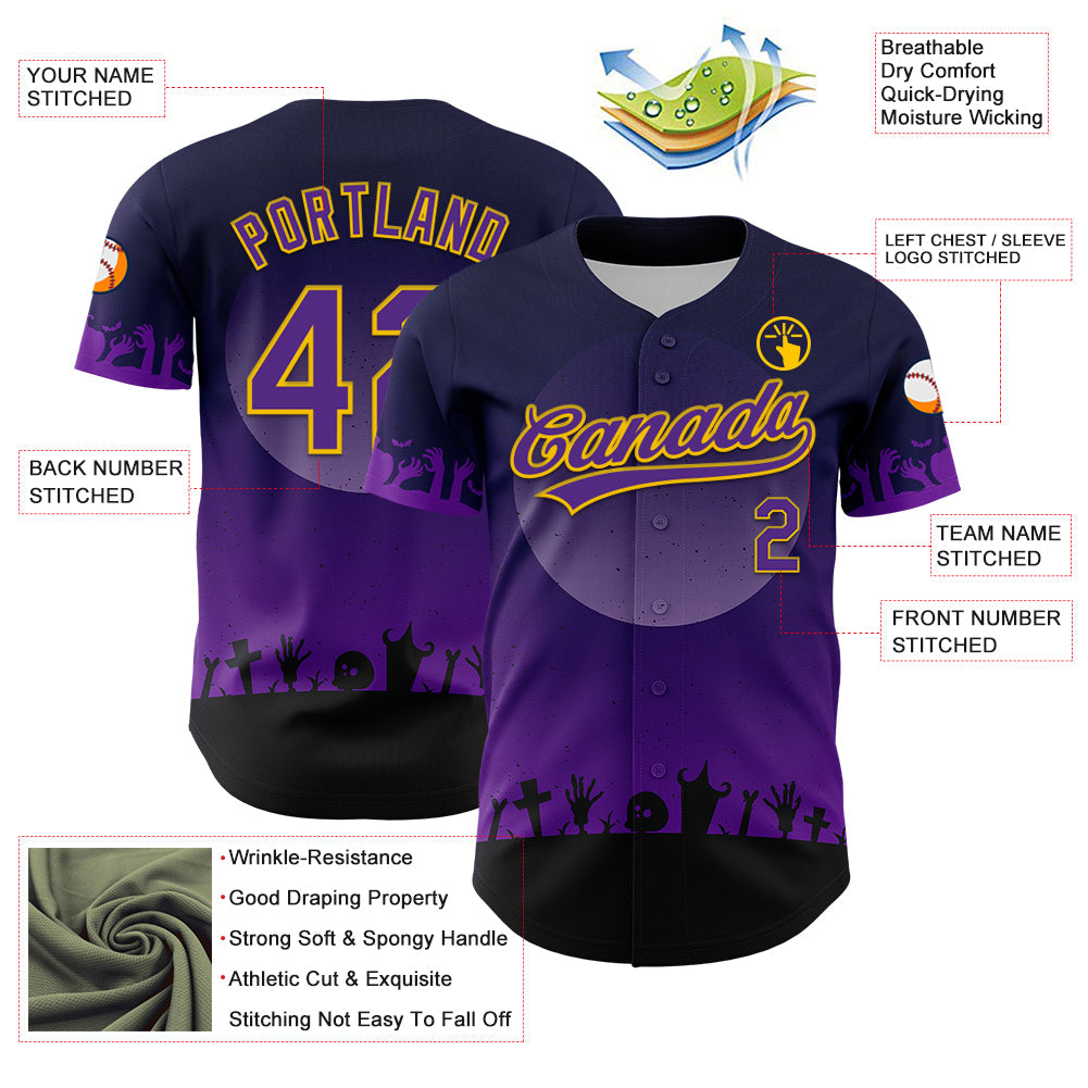 Custom Black Purple-Yellow 3D Pattern Halloween Skull Authentic Baseball Jersey view 3