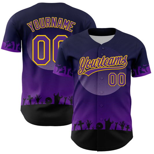 Custom Black Purple-Yellow 3D Pattern Halloween Skull Authentic Baseball Jersey - Main View