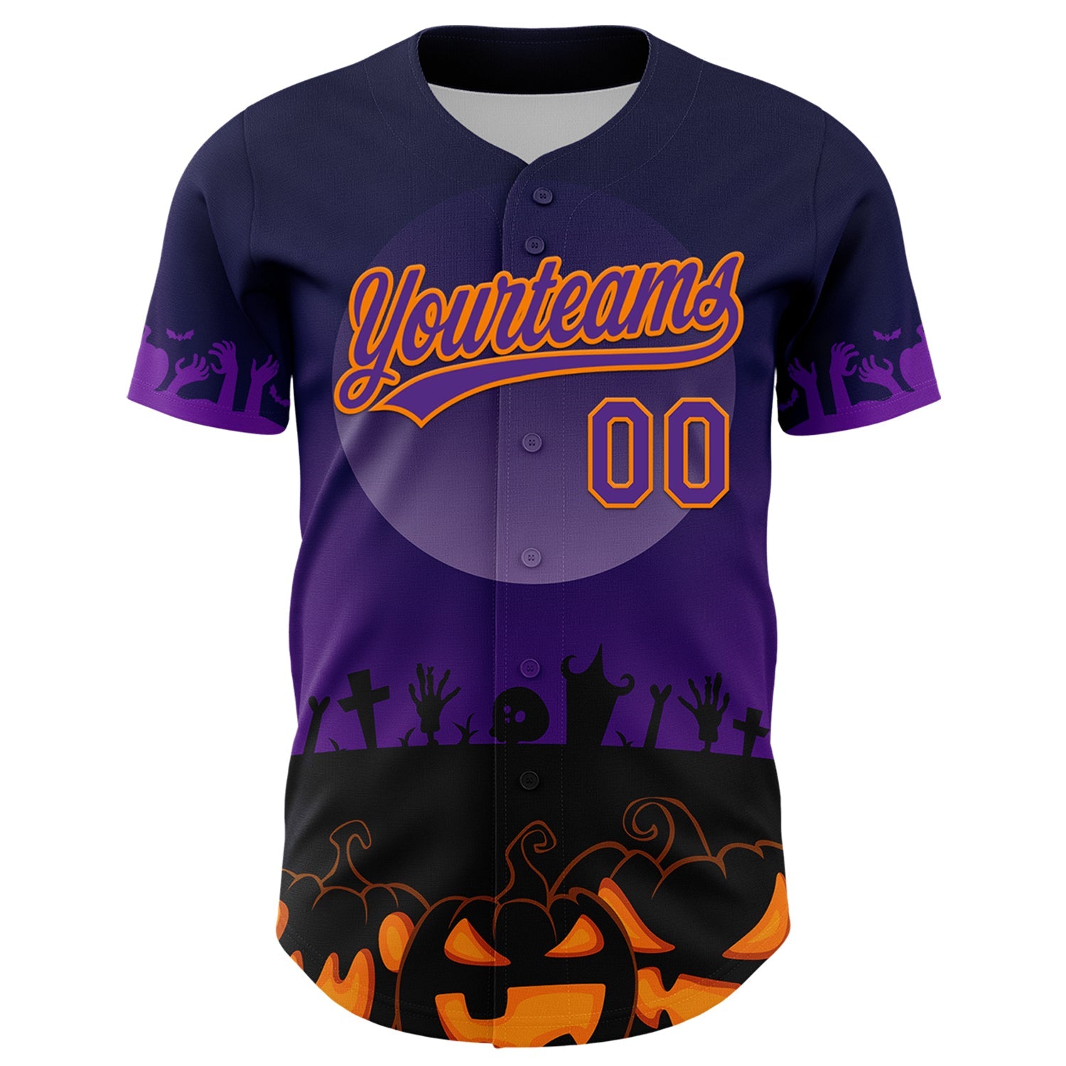 Custom Black Purple-Bay Orange 3D Pattern Halloween Skull Authentic Baseball Jersey view 2