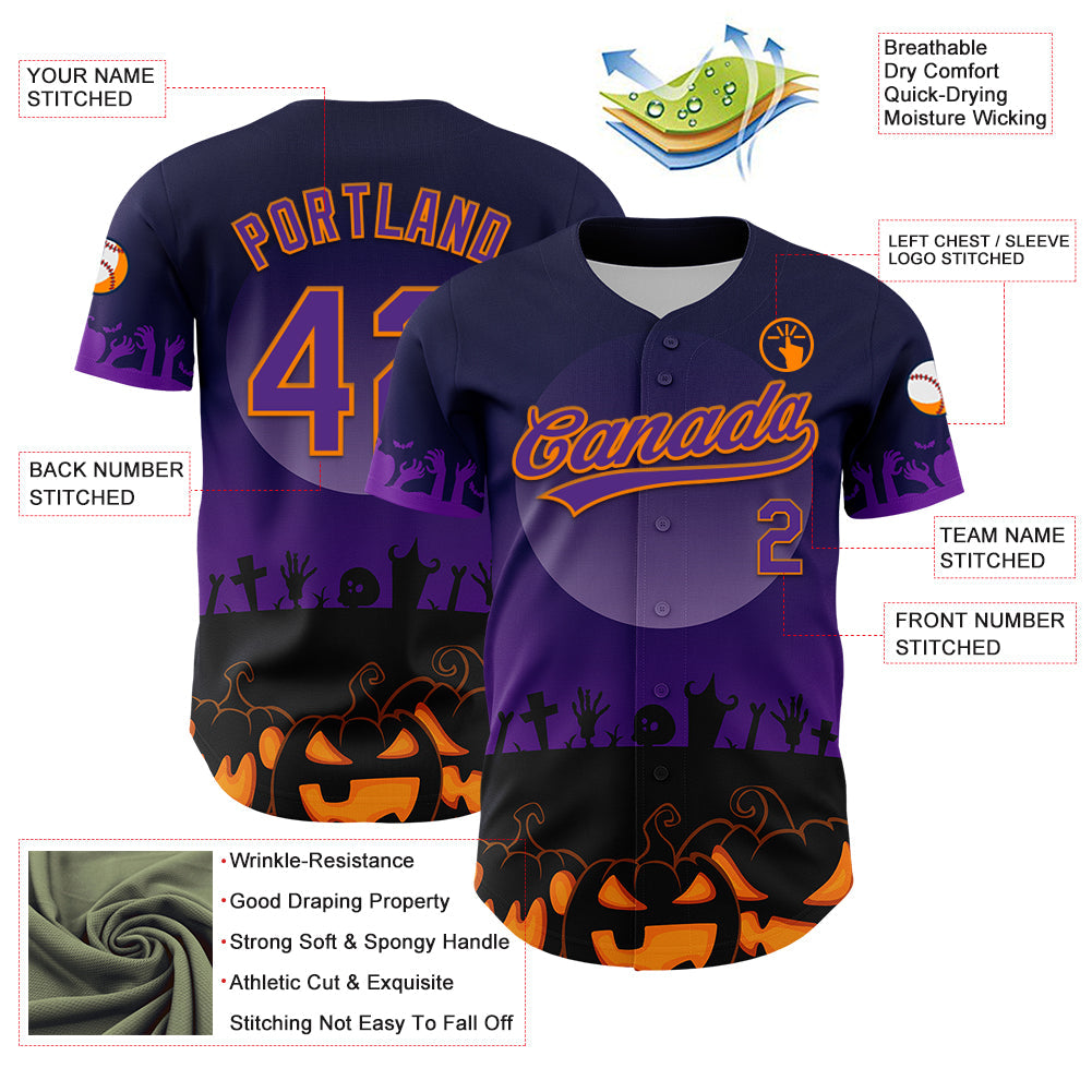 Custom Black Purple-Bay Orange 3D Pattern Halloween Skull Authentic Baseball Jersey view 3