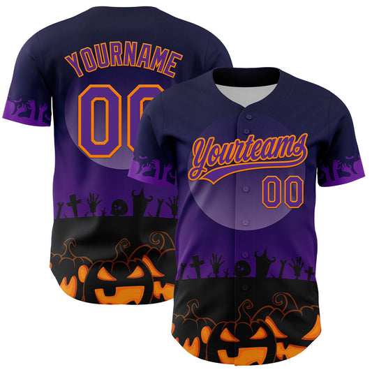 Custom Black Purple-Bay Orange 3D Pattern Halloween Skull Authentic Baseball Jersey - Main View