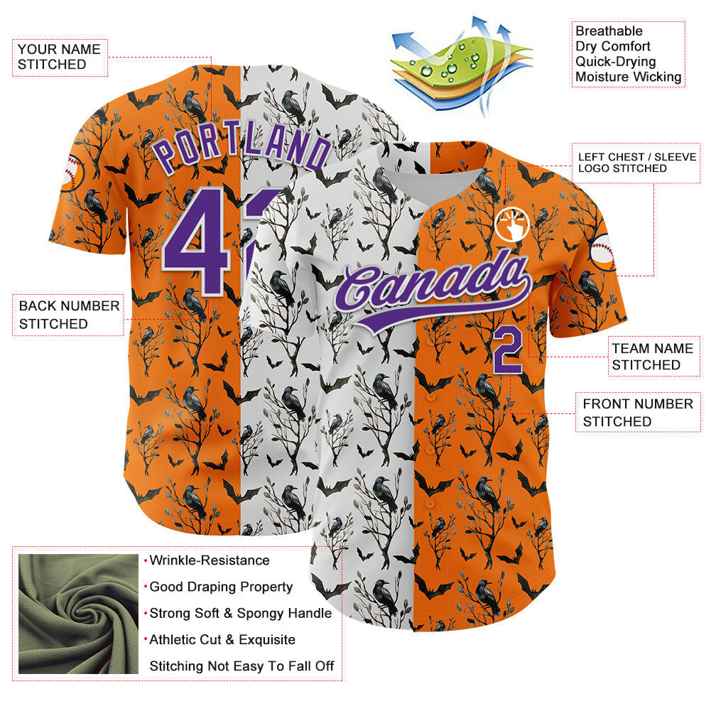 Custom Bay Orange Purple-White 3D Pattern Halloween Authentic Baseball Jersey view 3