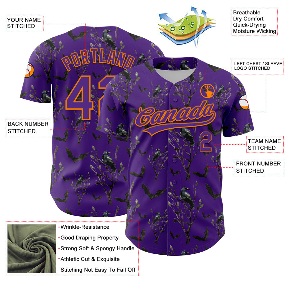 Custom Purple Bay Orange 3D Pattern Halloween Authentic Baseball Jersey view 3