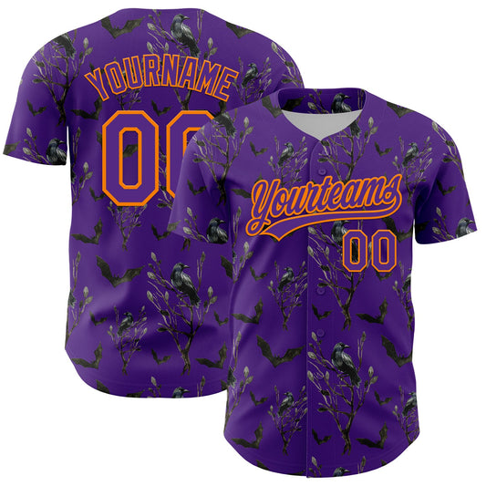 Custom Purple Bay Orange 3D Pattern Halloween Authentic Baseball Jersey - Main View