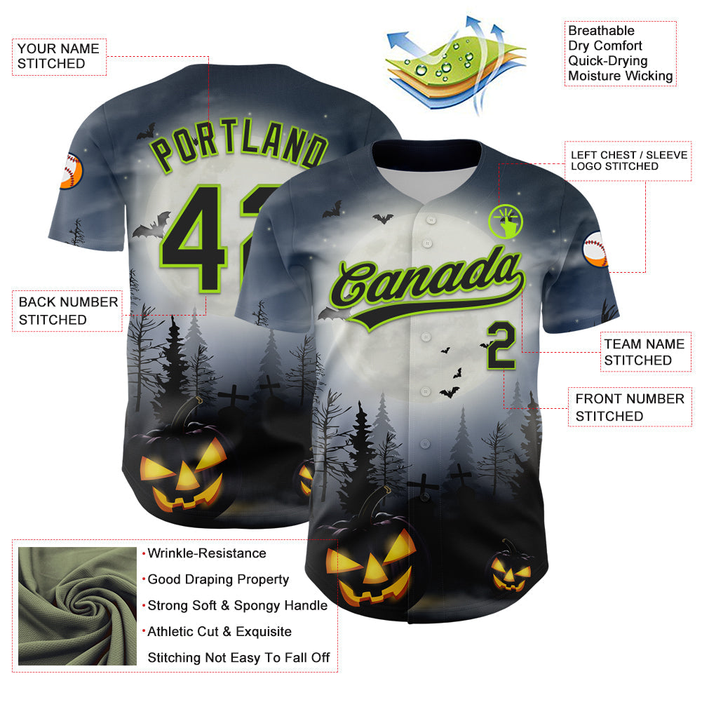 Custom Gray Black-Neon Green 3D Pattern Halloween Authentic Baseball Jersey view 3