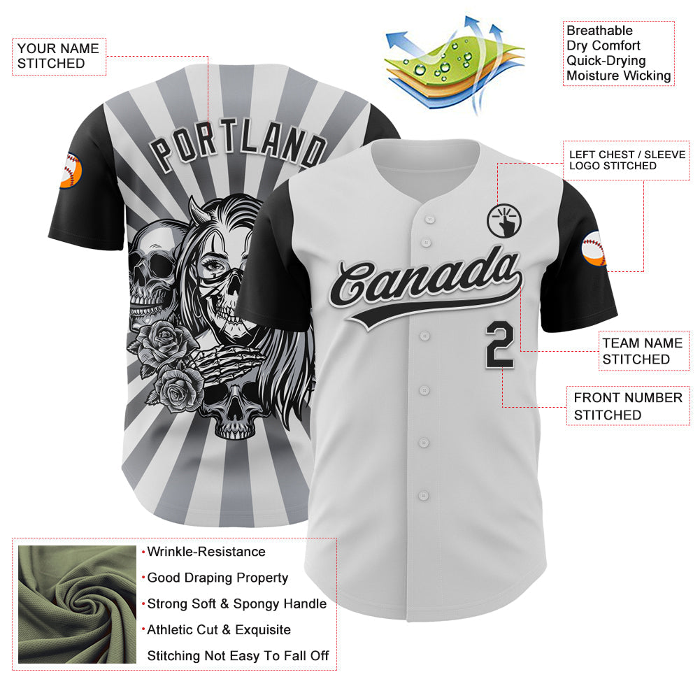 Custom White Black 3D Pattern Halloween Skull Authentic Baseball Jersey view 3