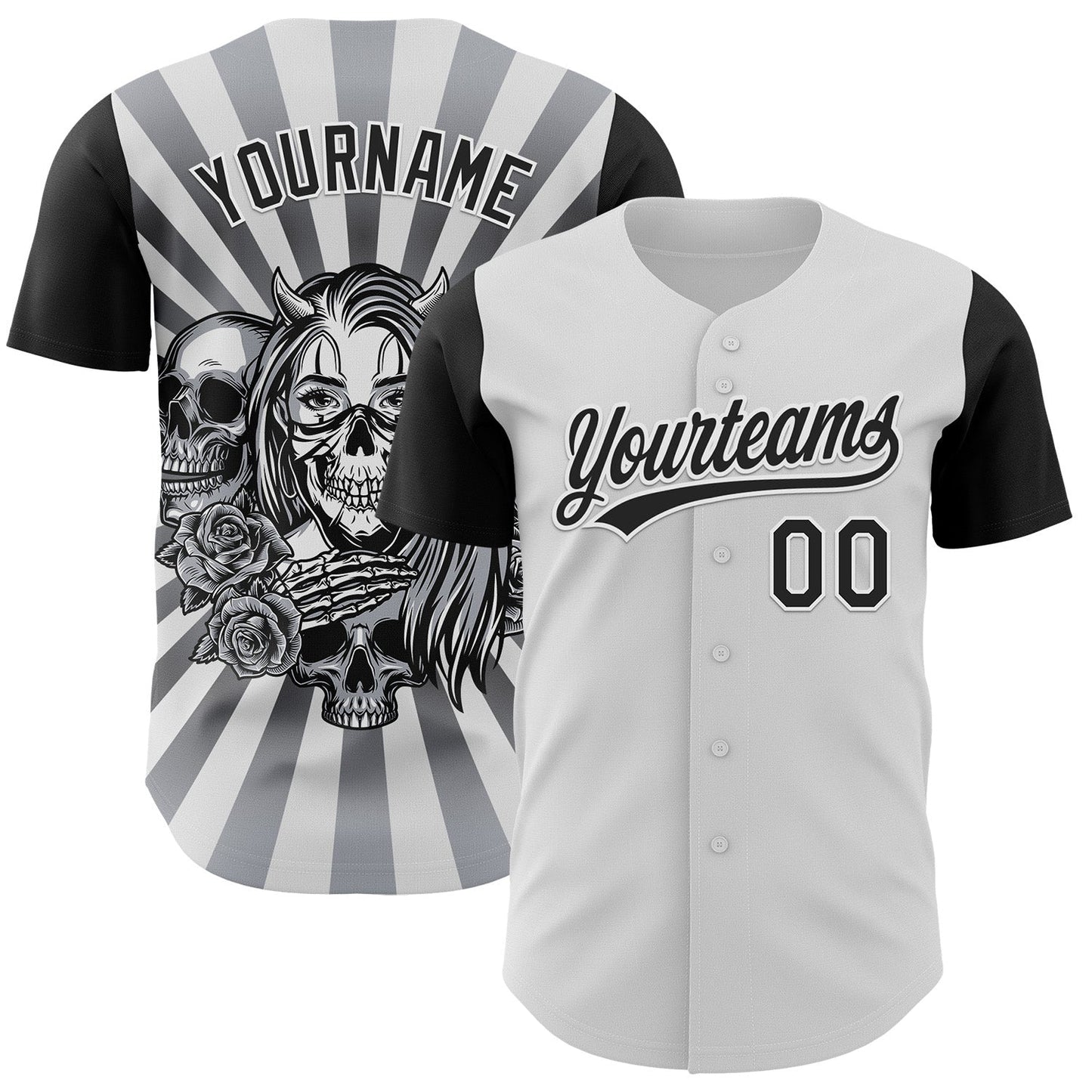 Custom White Black 3D Pattern Halloween Skull Authentic Baseball Jersey - Main View