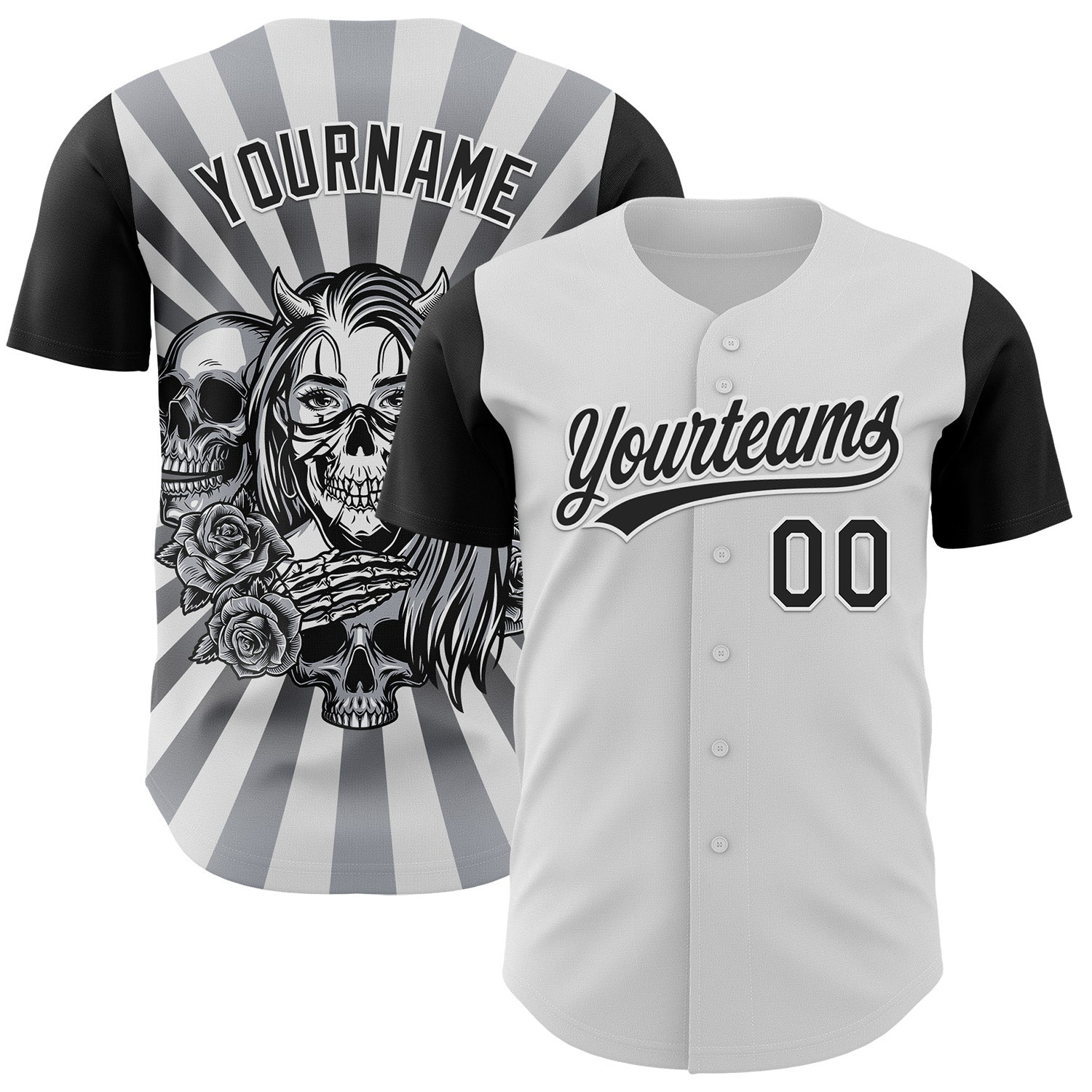 Custom White Black 3D Pattern Halloween Skull Authentic Baseball Jersey - Main View