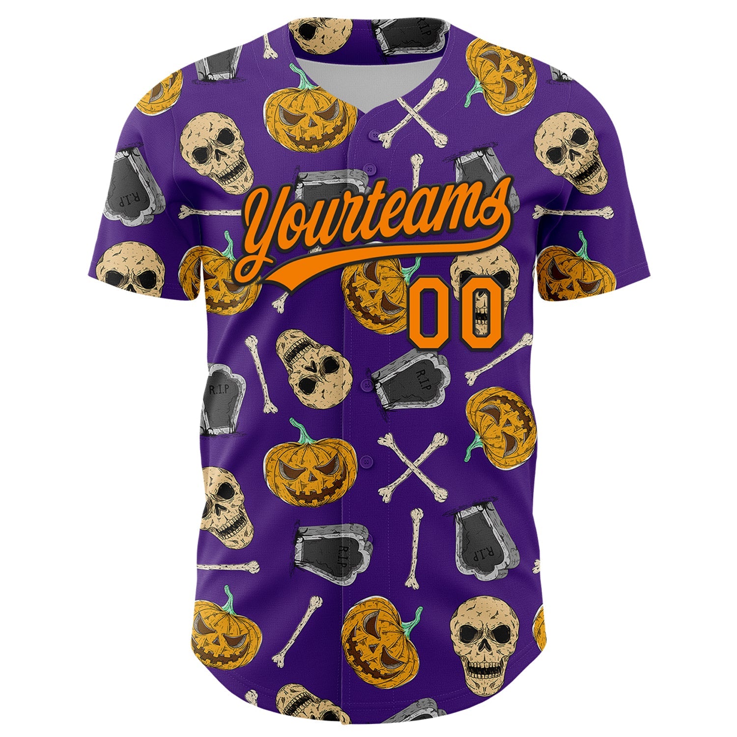 Custom Purple Bay Orange-Black 3D Pattern Halloween Skull Authentic Baseball Jersey view 2