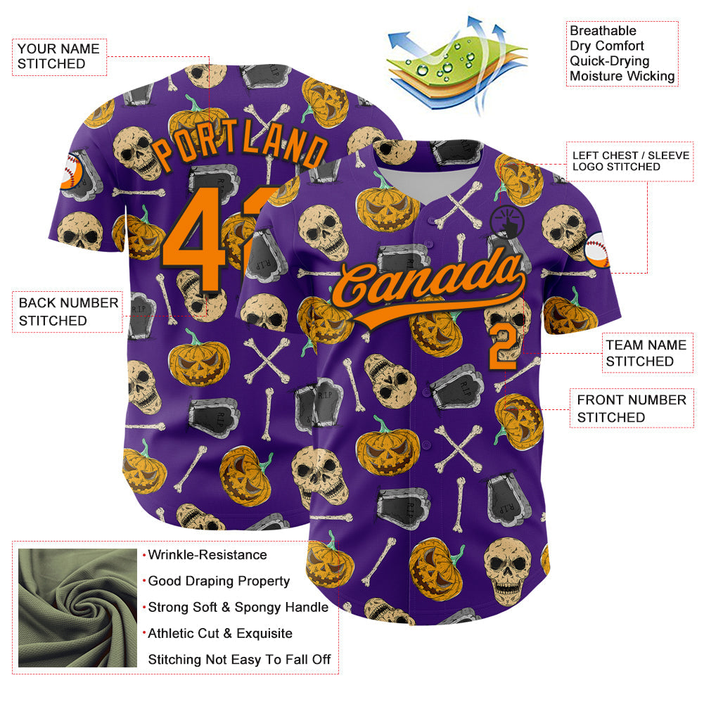 Custom Purple Bay Orange-Black 3D Pattern Halloween Skull Authentic Baseball Jersey view 3