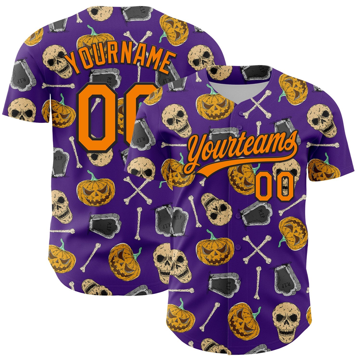 Custom Purple Bay Orange-Black 3D Pattern Halloween Skull Authentic Baseball Jersey - Main View