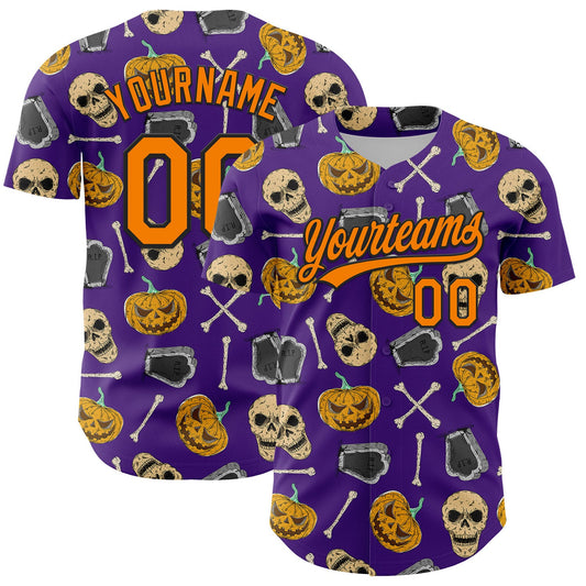 Custom Purple Bay Orange-Black 3D Pattern Halloween Skull Authentic Baseball Jersey - Main View